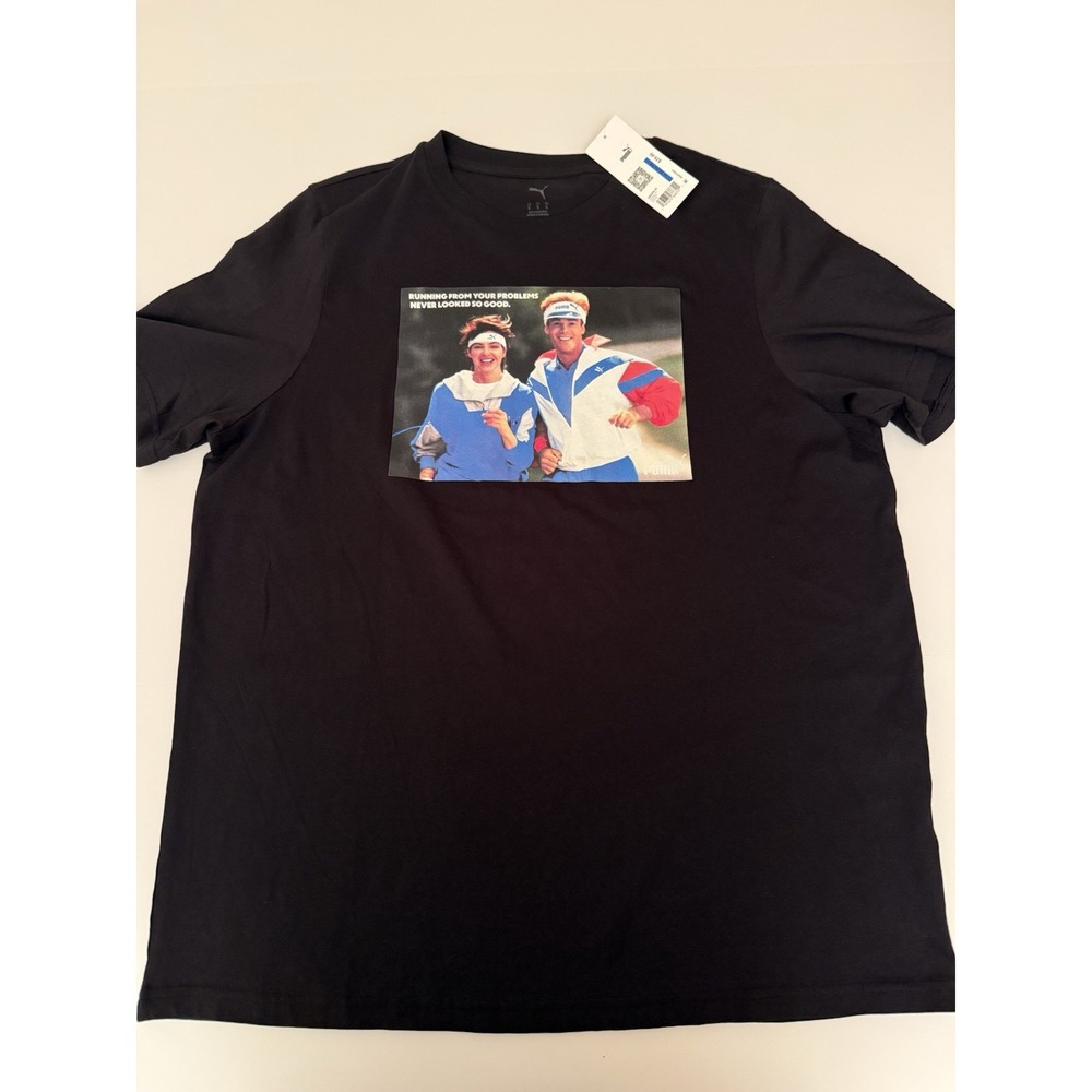 Puma Men XL T-Shirt Black Retro 90s Running Graphic Print Casual Funny Tee NWT